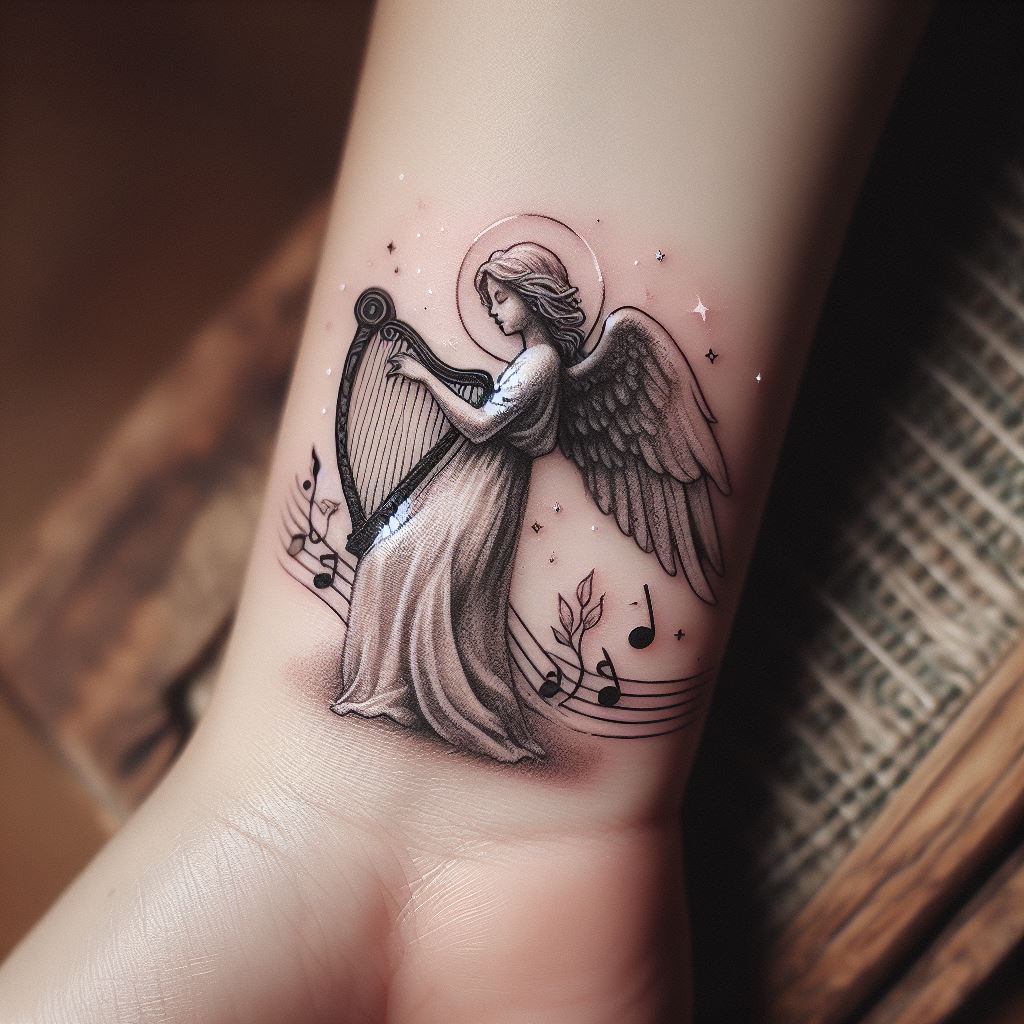 A small, delicate tattoo of angel playing a harp, perfect for the wrist, incorporating musical notes and soft, ethereal lighting for a serene effect.