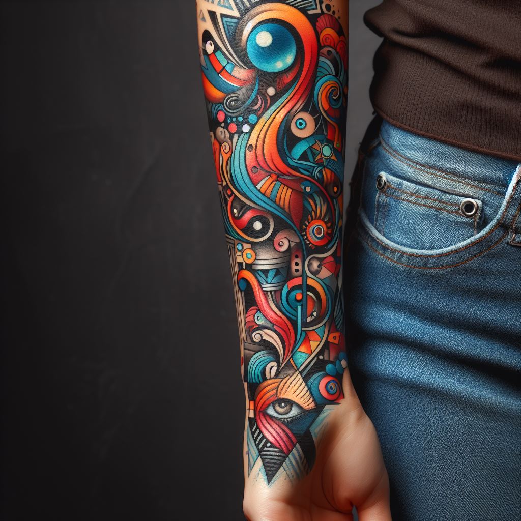 An abstract art piece tattooed on a woman's forearm, incorporating bold colors and shapes, symbolizing creativity, individuality, and the complexity of emotions.