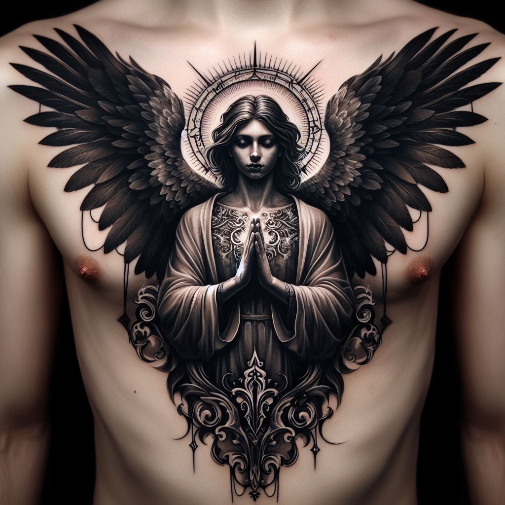 A gothic-inspired angel tattoo for the chest, featuring an angel with dramatic, dark wings and a solemn expression, framed by gothic architectural elements.