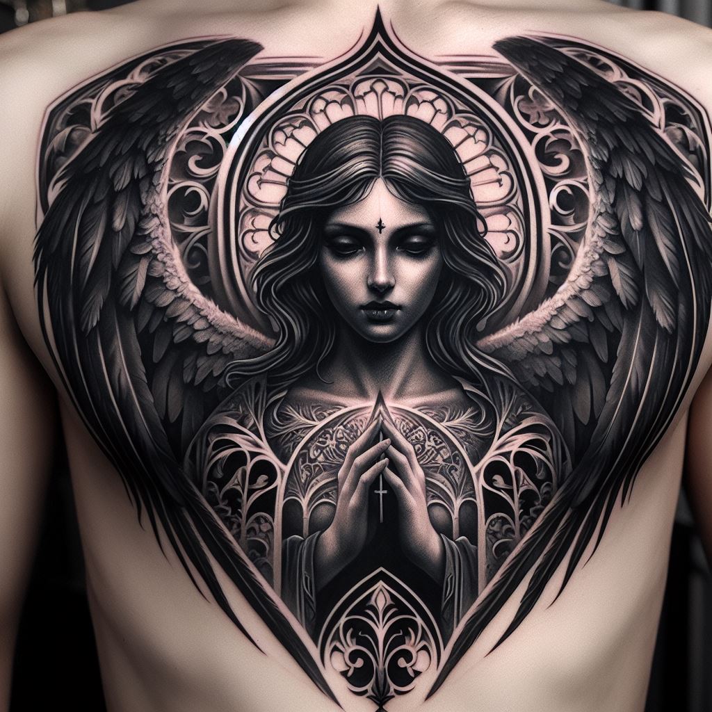 A gothic-inspired angel tattoo for the chest, featuring an angel with dramatic, dark wings and a solemn expression, framed by gothic architectural elements.