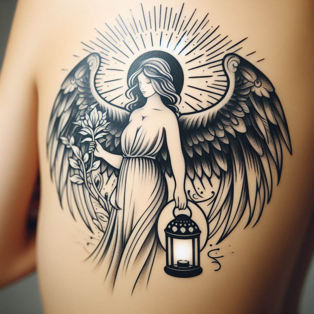 An angel with a gentle aura, holding a healing herb or a lantern, designed for the side of the body, from under the arm down to the hip, symbolizing health and recovery.