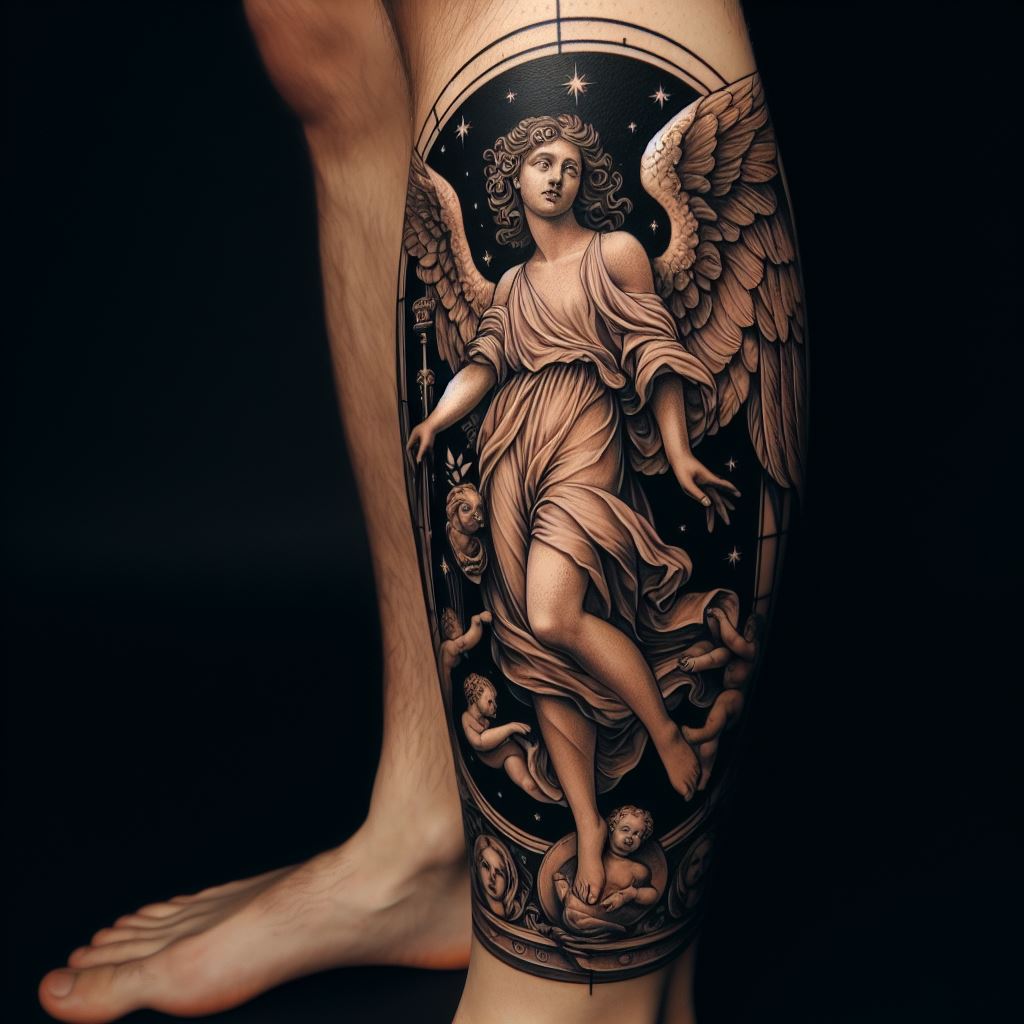 A Renaissance-inspired angel tattoo for the calf, featuring an angel in a flowing robe with classic art motifs, bringing a touch of historical beauty to modern ink.