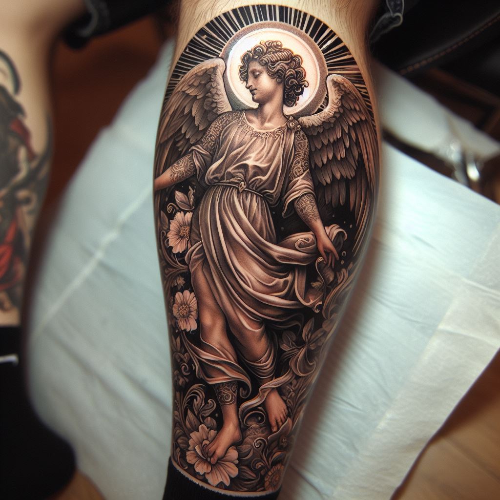 A Renaissance-inspired angel tattoo for the calf, featuring an angel in a flowing robe with classic art motifs, bringing a touch of historical beauty to modern ink.