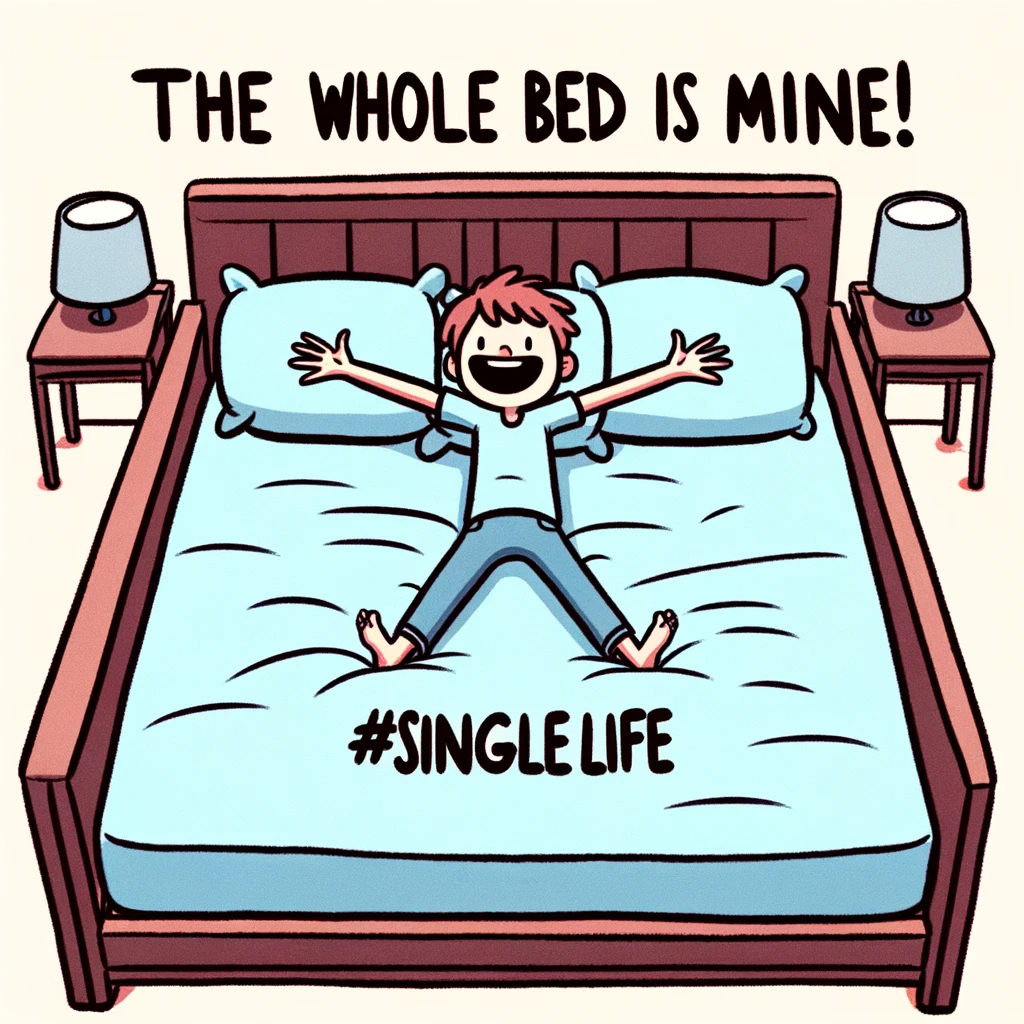A humorous illustration showing a single person joyfully spreading their arms wide on a large bed, with the caption 'The whole bed is mine! #SingleLife'. The image should capture the essence of freedom and space that comes with being single, depicted in a light-hearted and comedic way.