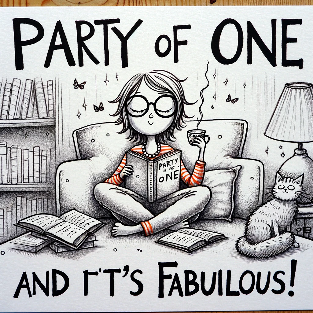A comical drawing of a single person enjoying a quiet evening alone, surrounded by books and a cat, with the caption 'Party of one, and it's fabulous! #SoloChill'. The image should exude a sense of contentment and tranquility, showcasing the pleasures of solitude with a humorous twist.