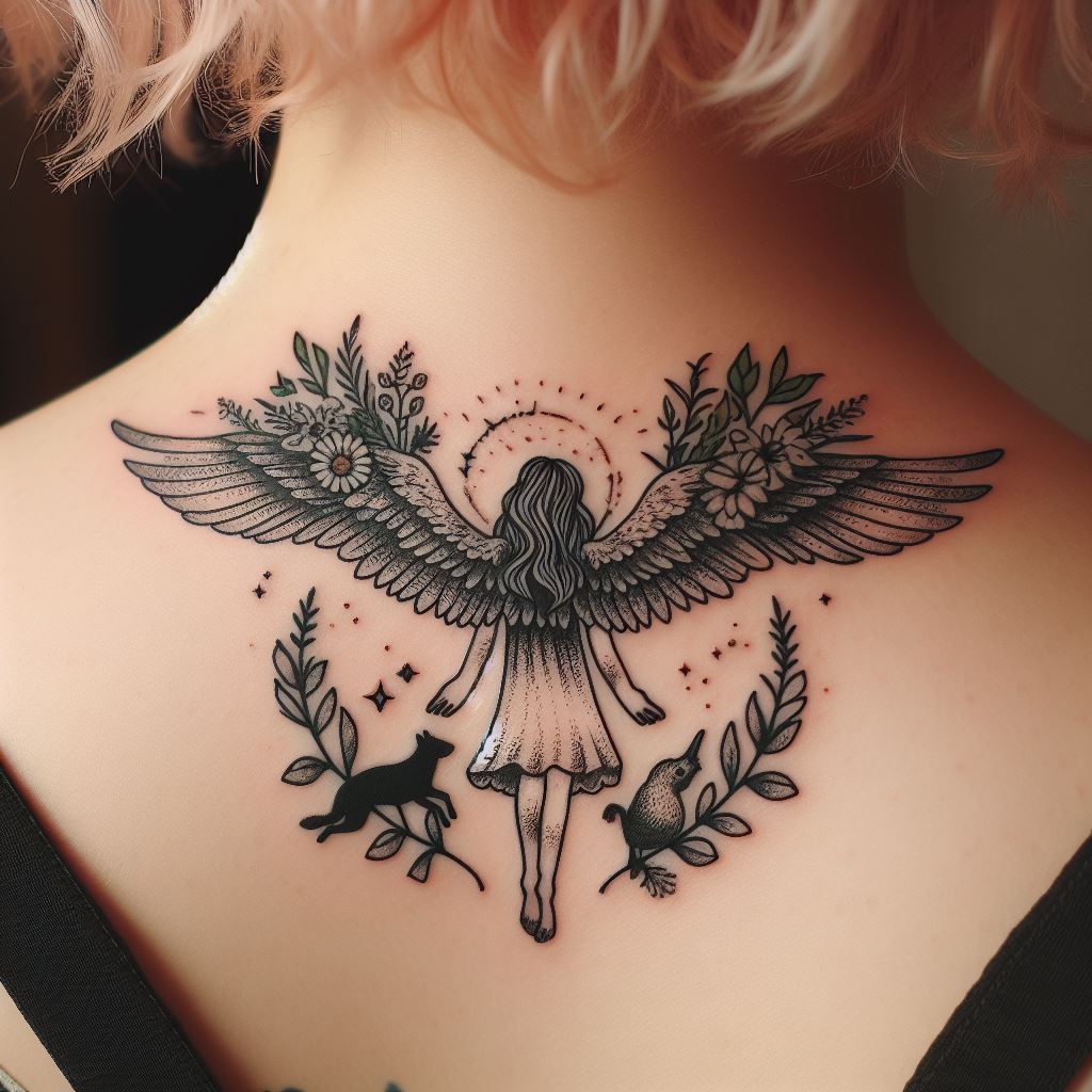 A small tattoo of a nature guardian angel, with floral wings and an animal at its side, for placement on the back of the neck, symbolizing protection of the natural world.