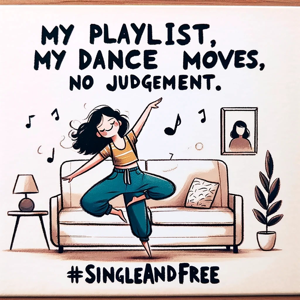An illustration depicting a single person blissfully dancing alone in their living room, with the caption 'My playlist, my dance moves, no judgment. #SingleAndFree'. The artwork should convey a sense of liberation and joy, emphasizing the fun of being unapologetically oneself in the comfort of one's own space.