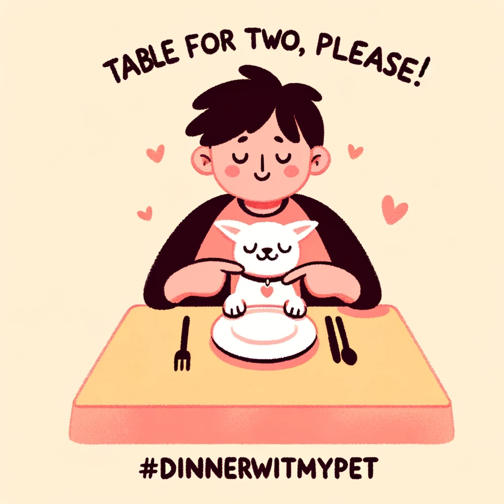 A playful illustration of a single person having a dinner date with their pet, with the caption 'Table for two, please! #DinnerWithMyPet'. The image should exude warmth and companionship, highlighting the unique bond between the person and their pet, all while keeping a humorous and lighthearted tone.