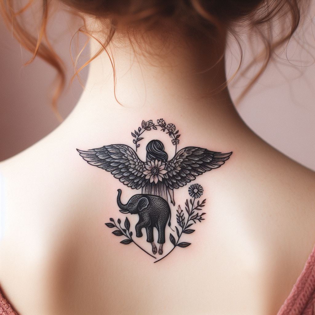 A small tattoo of a nature guardian angel, with floral wings and an animal at its side, for placement on the back of the neck, symbolizing protection of the natural world.
