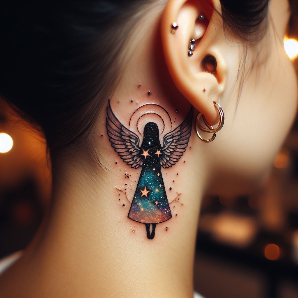 A small, cosmic-themed angel tattoo with stars and celestial patterns in its wings, perfect for tucking behind the ear, representing guidance through the universe's mysteries.