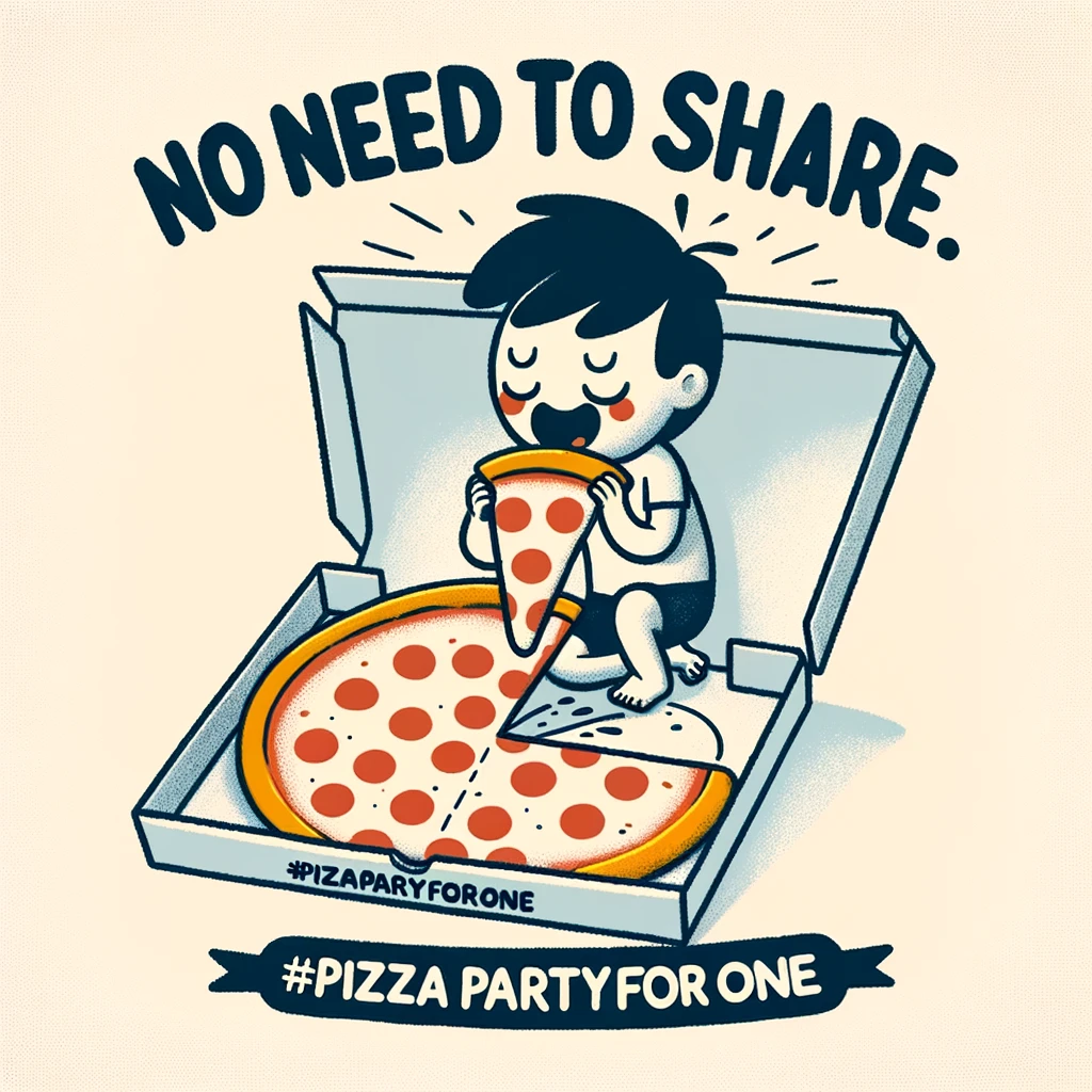 A funny illustration of a single person having an entire pizza to themselves, with the caption 'No need to share. #PizzaPartyForOne'. This image should evoke the joy and guilt-free pleasure of indulging in one's favorite food without compromise, portrayed in a playful and lighthearted manner.