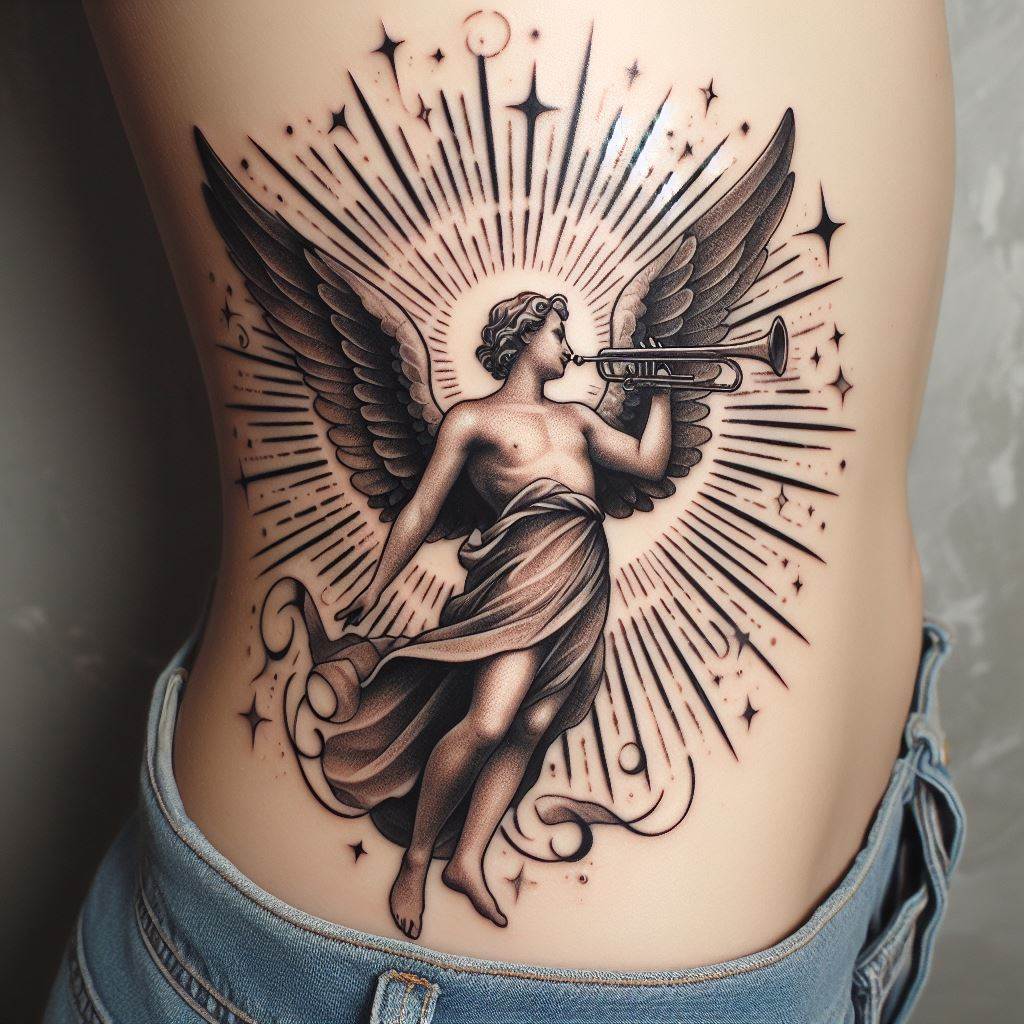 A tattoo of Archangel Gabriel, the messenger, with a trumpet and a radiant aura, for placement on the hip, blending traditional angelic symbolism with personal significance.