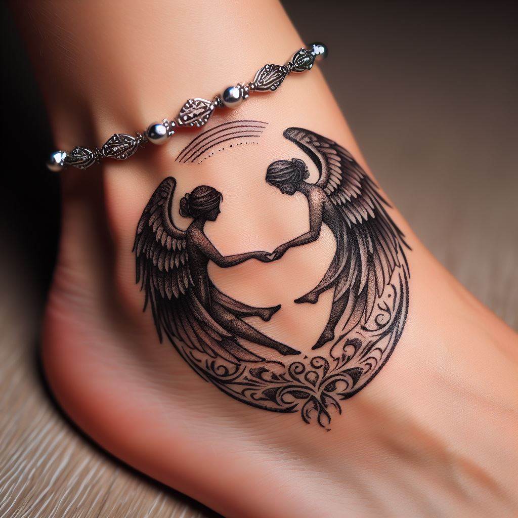 An ankle bracelet tattoo featuring twin angels facing each other, wings spread and touching to form a circle, symbolizing protection and unity in a delicate, intricate design.