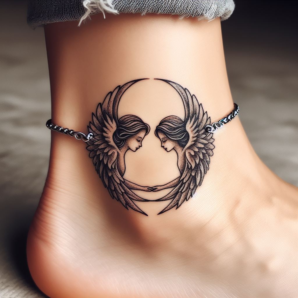 An ankle bracelet tattoo featuring twin angels facing each other, wings spread and touching to form a circle, symbolizing protection and unity in a delicate, intricate design.
