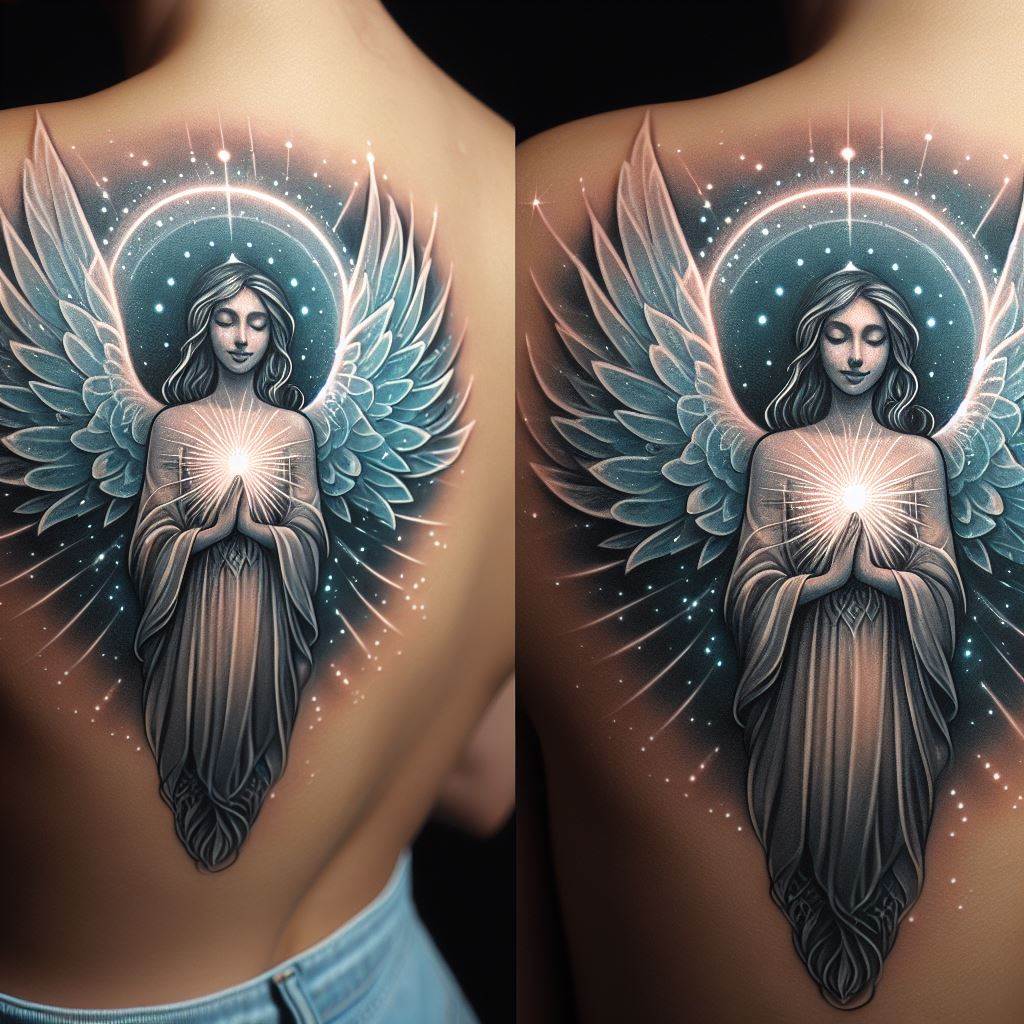 An 'Angel of Light' tattoo with luminous wings and a peaceful expression, for placement on one shoulder blade, bringing a sense of enlightenment and divine presence.
