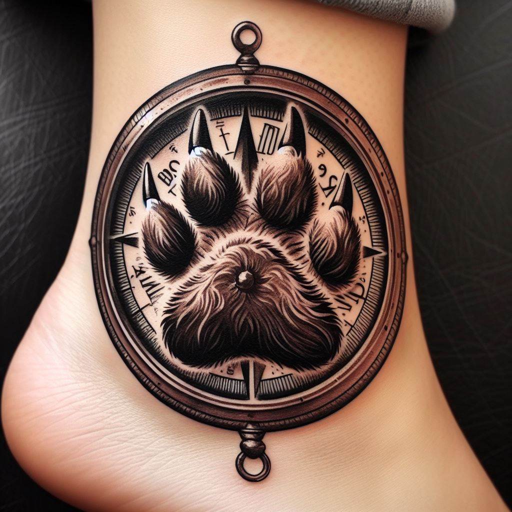 A tattoo of a bear paw print encircled by a compass, located on the ankle. The design symbolizes guidance and the journey of life, with the bear's paw representing a steady and strong path forward. The compass is detailed with vintage style, and the bear paw is realistic, creating a contrast between the wild and the navigated. This tattoo blends symbolism with style, making it an ideal choice for an adventurous spirit.