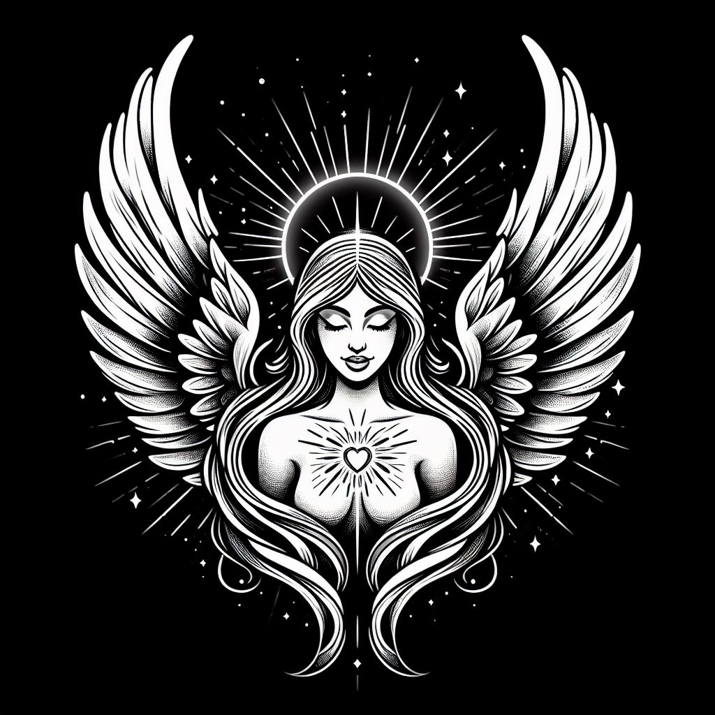 An 'Angel of Light' tattoo with luminous wings and a peaceful expression, for placement on one shoulder blade, bringing a sense of enlightenment and divine presence.