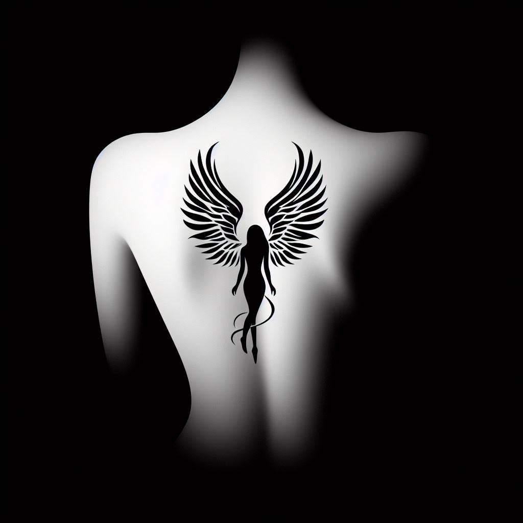 A simple, elegant silhouette of a guardian angel in flight, designed for a tattoo at the small of the back, symbolizing silent protection and guidance.