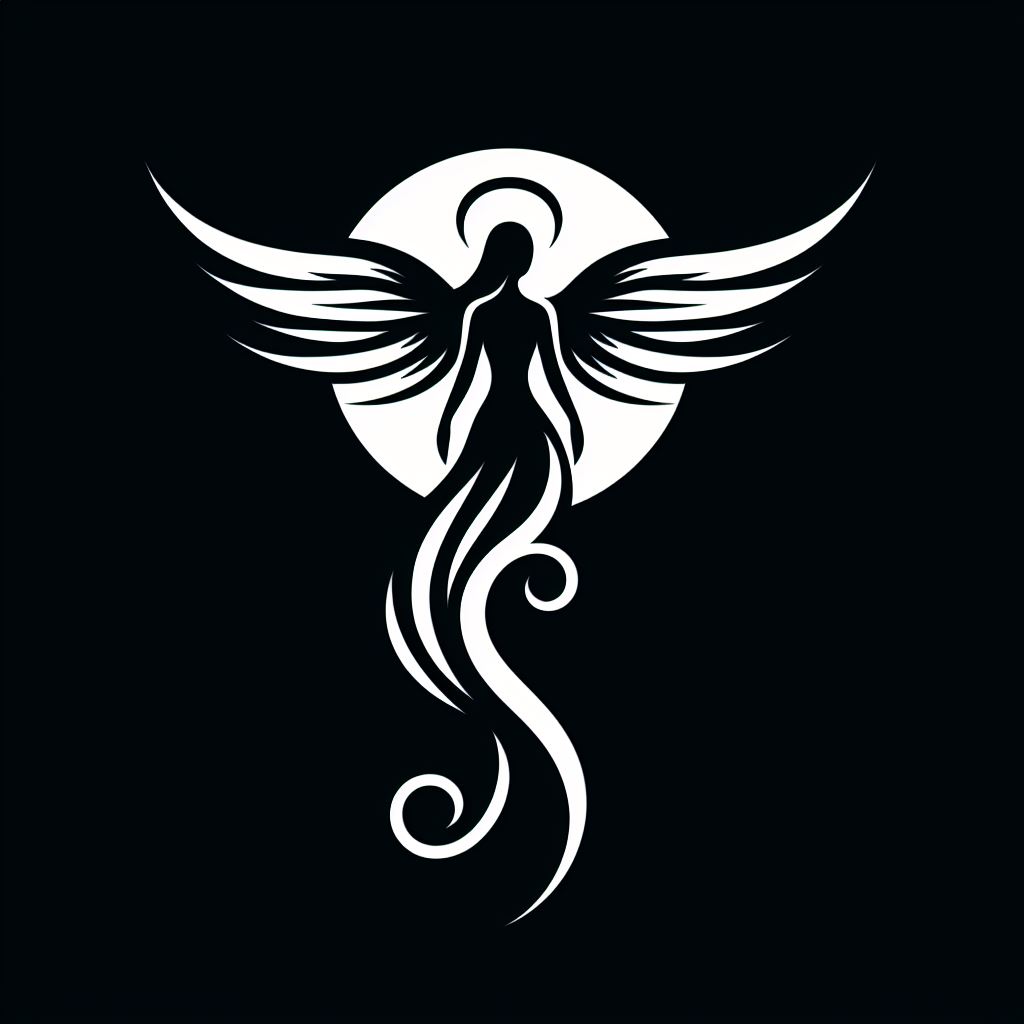 A simple, elegant silhouette of a guardian angel in flight, designed for a tattoo at the small of the back, symbolizing silent protection and guidance.