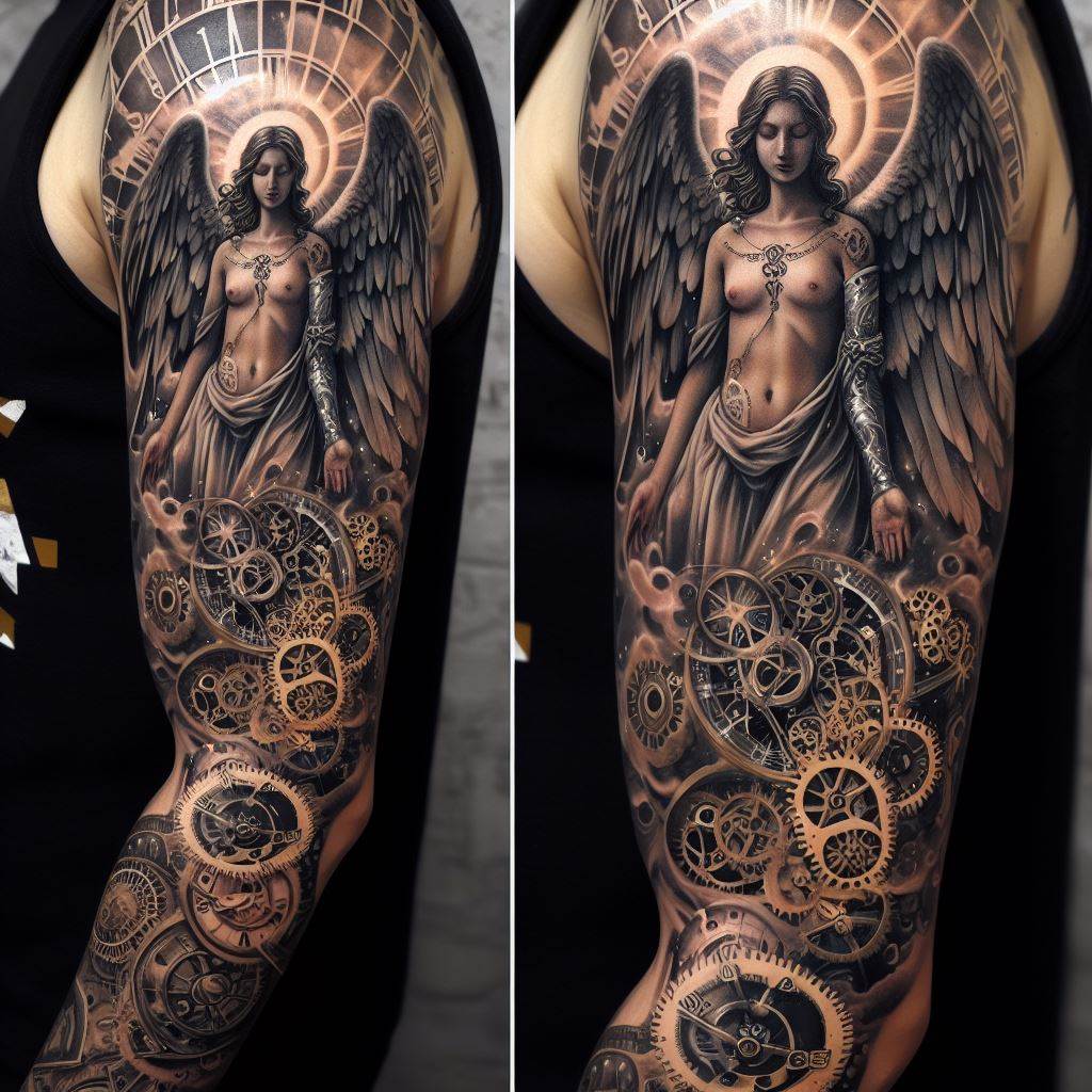 A sleeve tattoo that combines an angel with elements of clockwork and gears, symbolizing the passage of time and the angel's timeless watch over the wearer.