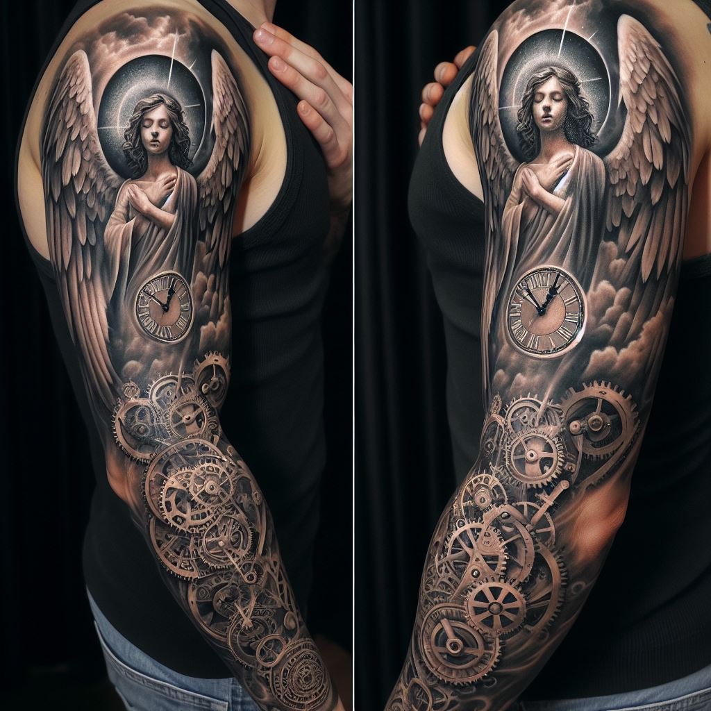 A sleeve tattoo that combines an angel with elements of clockwork and gears, symbolizing the passage of time and the angel's timeless watch over the wearer.