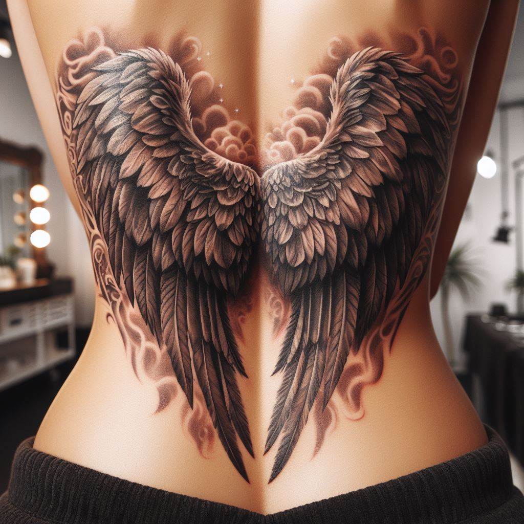 Large, detailed angel wings tattoo spread across a woman's lower back, symbolizing freedom, protection, and the spiritual connection between heaven and earth.