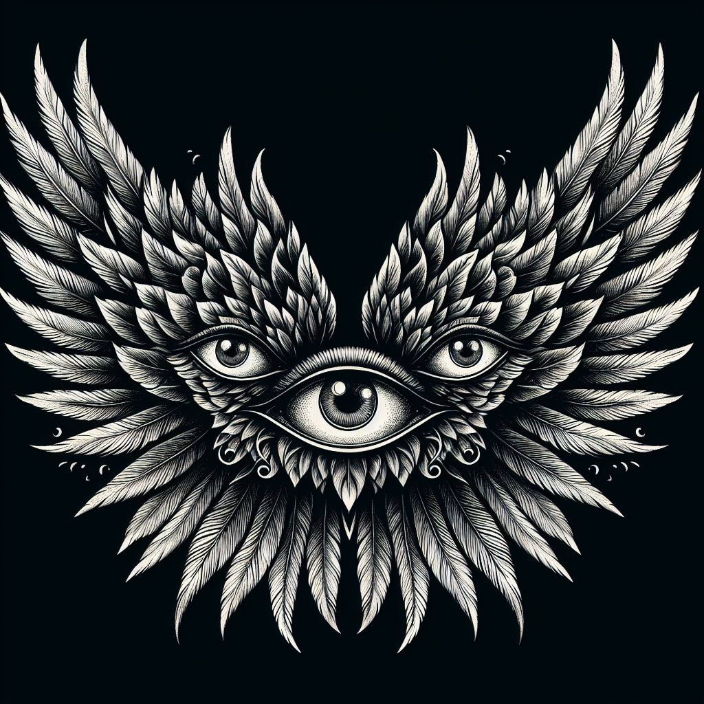 Angel wings where each feather contains an eye, for an upper arm tattoo, suggesting omniscience and the watchful gaze of a higher power.