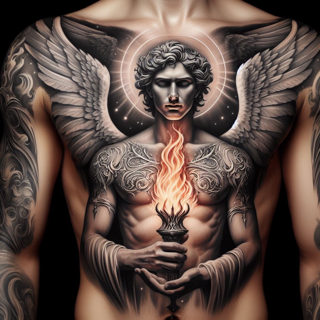 A chest tattoo of Archangel Uriel holding a flame, symbolizing wisdom and light, with detailed fire elements and a commanding presence.