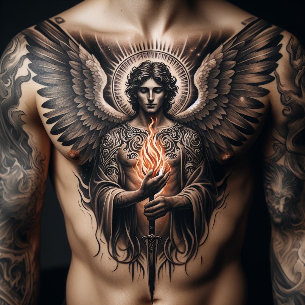 A chest tattoo of Archangel Uriel holding a flame, symbolizing wisdom and light, with detailed fire elements and a commanding presence.