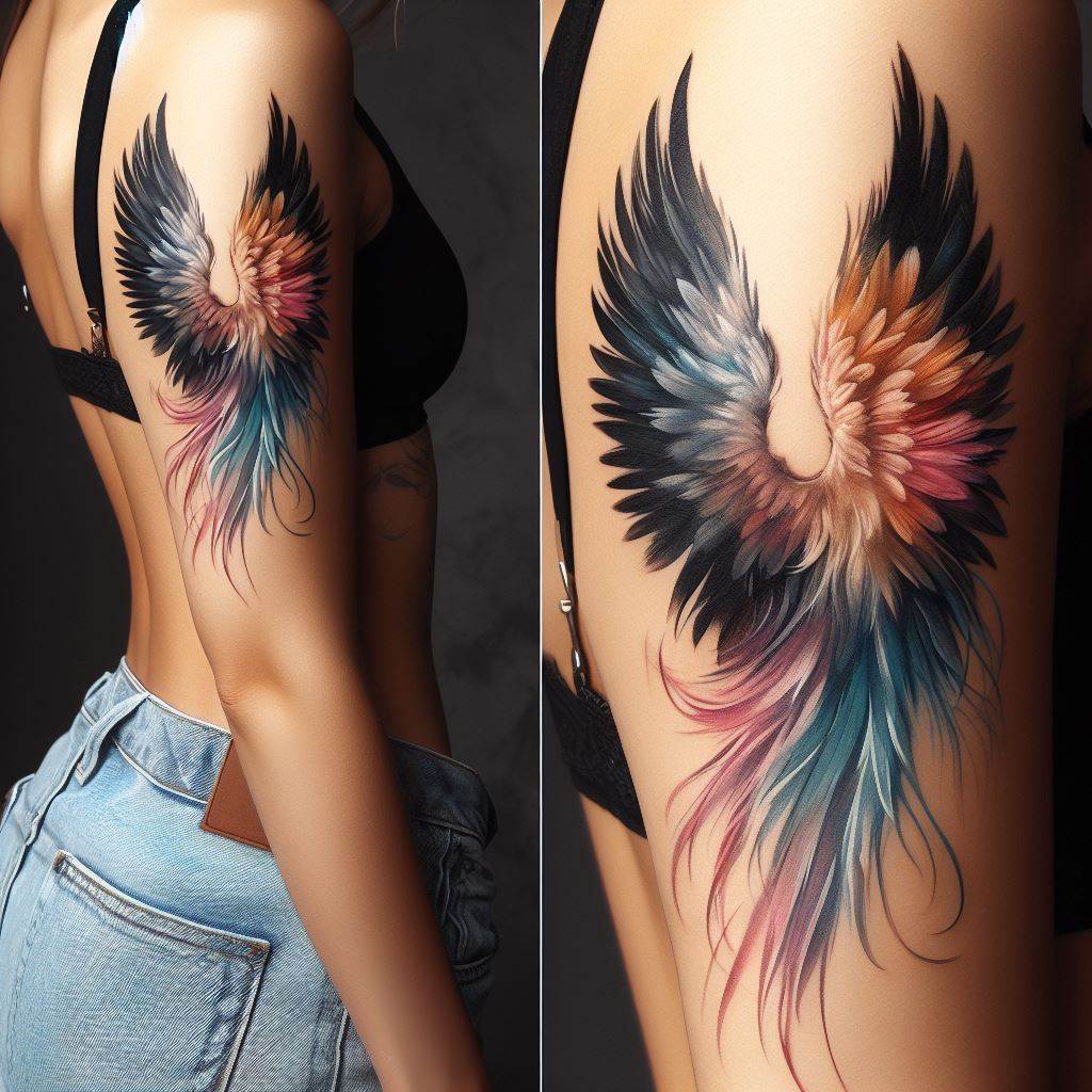 A side tattoo featuring angel wings in a watercolor style, with soft, flowing colors blending seamlessly, for a gentle yet striking representation of freedom and spirituality.