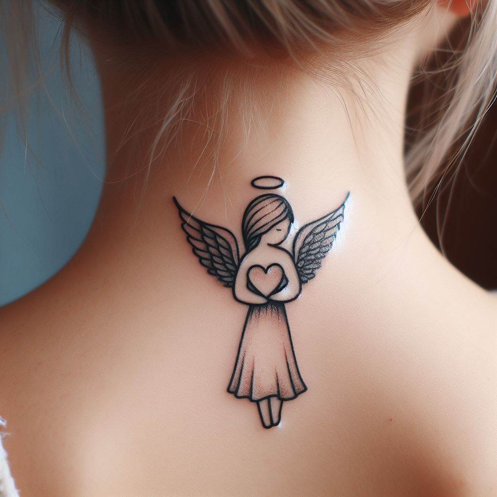 A small tattoo of an angel holding a heart, placed at the back of the neck, symbolizing love, care, and the guardian's protective spirit.