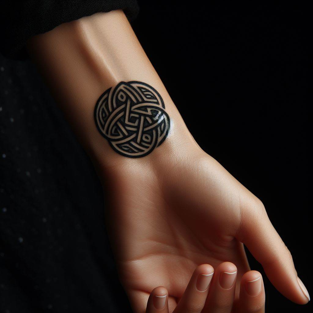 A small, intricate Celtic knot tattooed on a woman's wrist, symbolizing eternal life, interconnectedness, and the complexity of nature and human spirit.