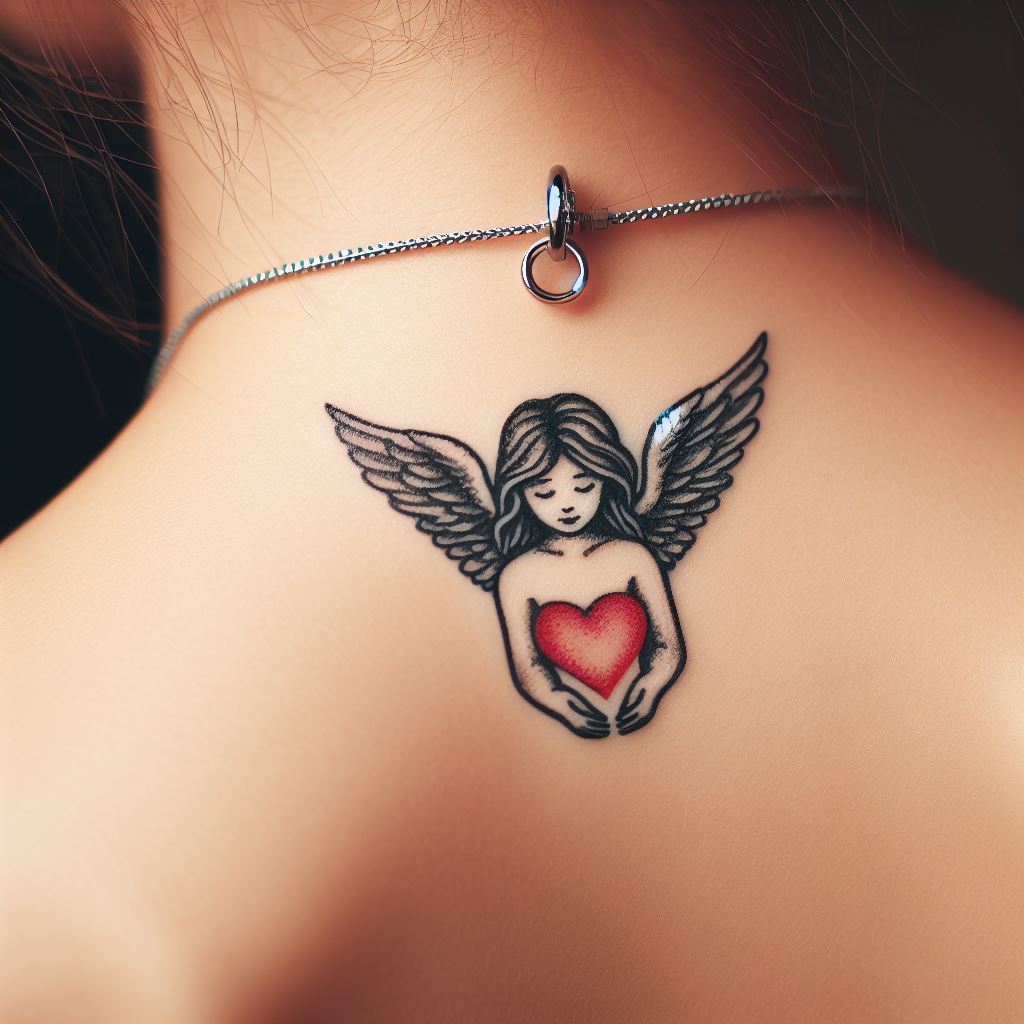 A small tattoo of an angel holding a heart, placed at the back of the neck, symbolizing love, care, and the guardian's protective spirit.