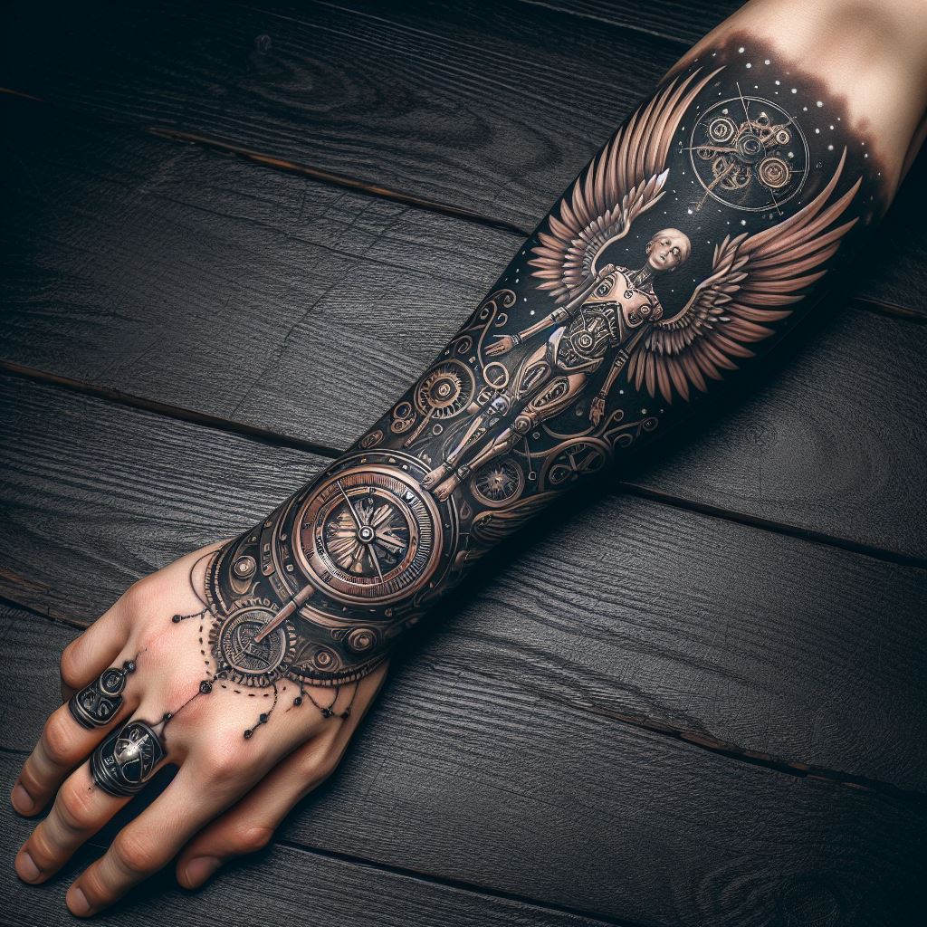 A forearm band tattoo with a steampunk-inspired angel, incorporating mechanical wings and Victorian-era gadgets, for a blend of historical innovation and celestial guidance.