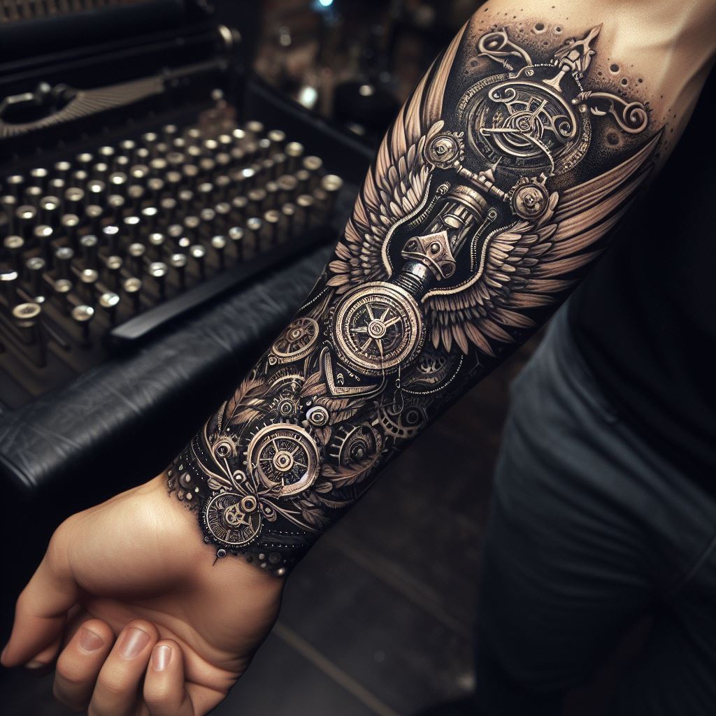 A forearm band tattoo with a steampunk-inspired angel, incorporating mechanical wings and Victorian-era gadgets, for a blend of historical innovation and celestial guidance.