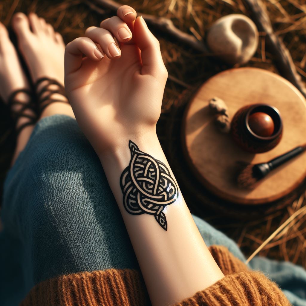 A small, intricate Celtic knot tattooed on a woman's wrist, symbolizing eternal life, interconnectedness, and the complexity of nature and human spirit.