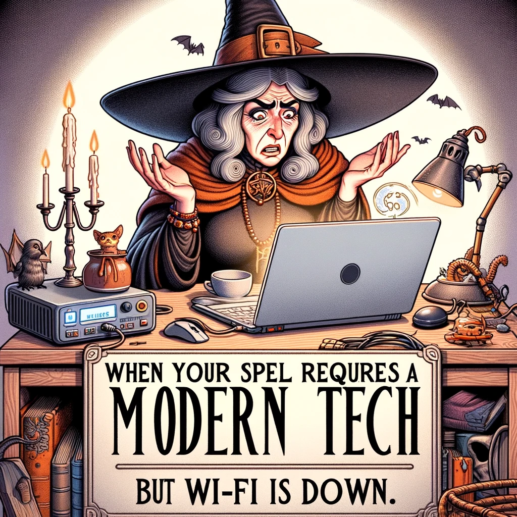A humorous image of a witch sitting at a modern computer desk, visibly frustrated, with the caption 'When your spell requires modern tech but Wi-Fi is down.' The scene should depict a witch in traditional attire, including a pointed hat, looking at a computer screen with a bewildered expression. Surrounding her are modern tech gadgets and a magic book open on the desk, indicating the clash of eras. This setting contrasts the ancient practice of witchcraft with contemporary challenges, adding a layer of comedy.
