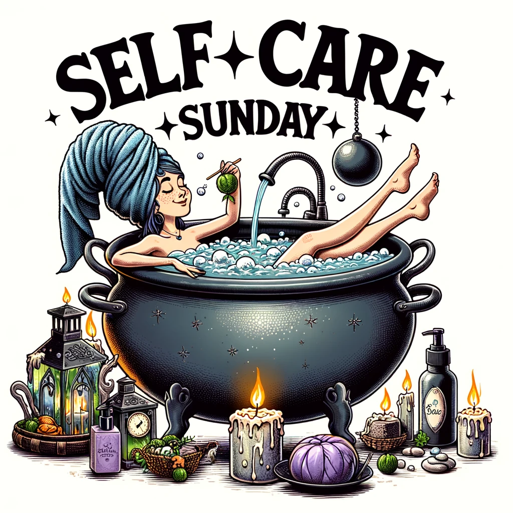A comical image of a witch in a cauldron hot tub with the caption 'Self-care Sunday.' The witch, wearing a relaxed expression and a towel turban on her head, lounges in a bubbling cauldron that mimics a modern hot tub. Beside the cauldron, there are magical self-care items like enchanted soaps and mystical lotions. This scene blends traditional witchcraft elements with contemporary self-care trends, creating a humorous and charming atmosphere.