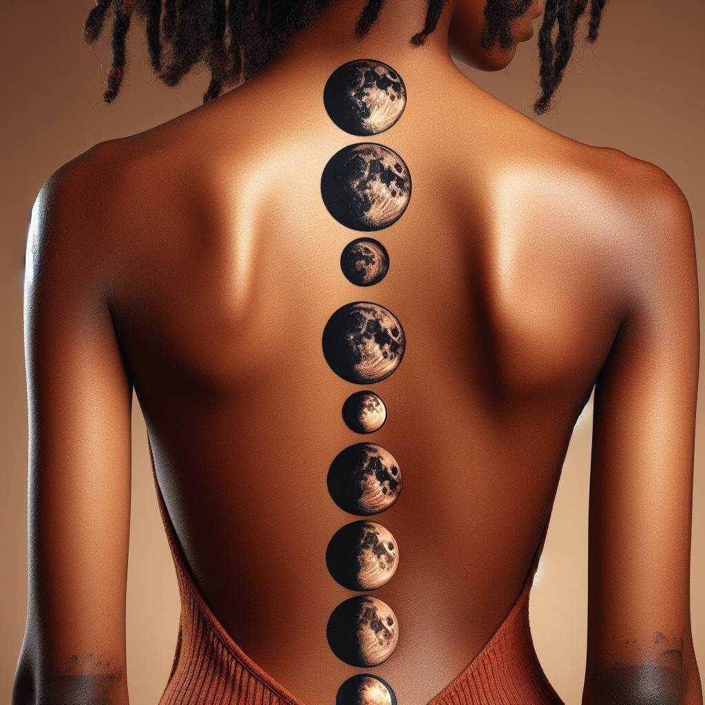 The phases of the moon tattoo aligned vertically down a woman's spine, from full moon to new moon, symbolizing change, cycles, and the passage of time.
