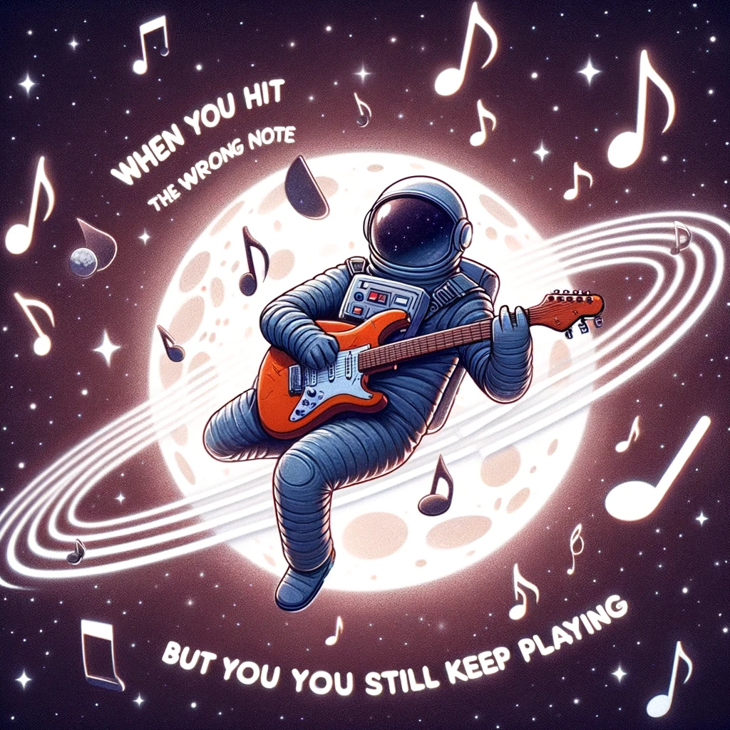 A cartoon-style image of a guitar floating in space, surrounded by musical notes, with a caption that reads, "When you hit the wrong note but you still keep playing."