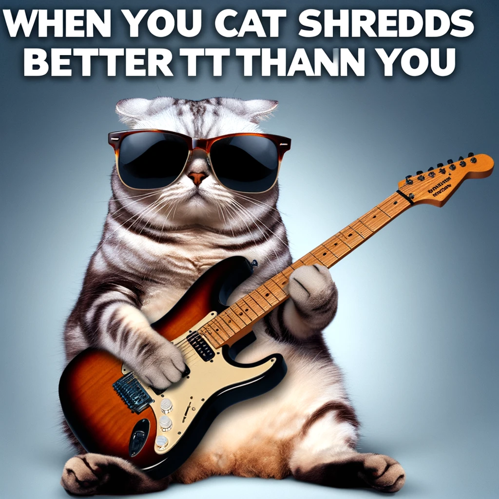 A humorous image of a cat playing an electric guitar with intense concentration, wearing sunglasses, with a caption that says, "When your cat shreds better than you."