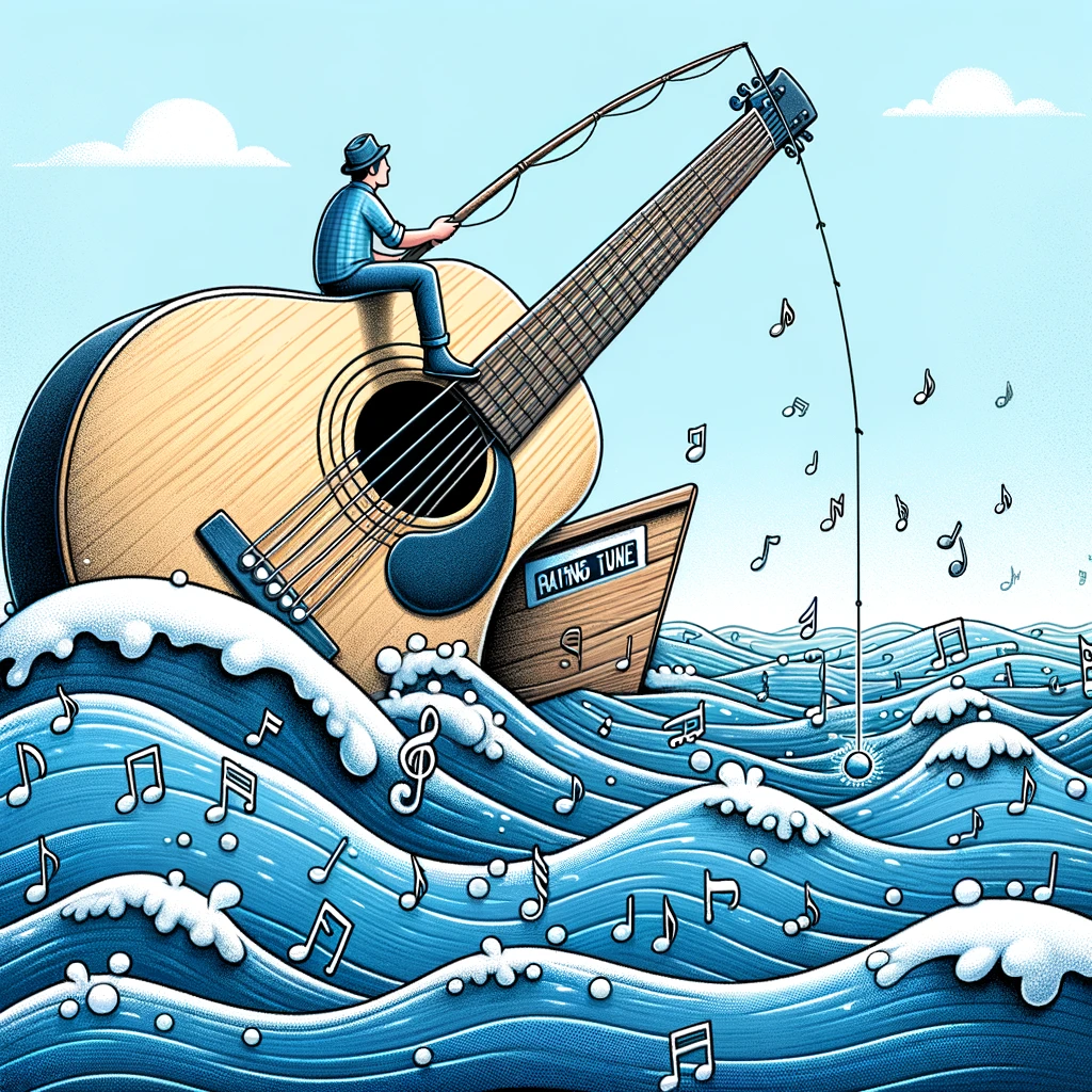 An illustration of a person sitting on a giant acoustic guitar like it's a boat, fishing into a sea of musical notes, with a caption that reads, "Catching the right tune."