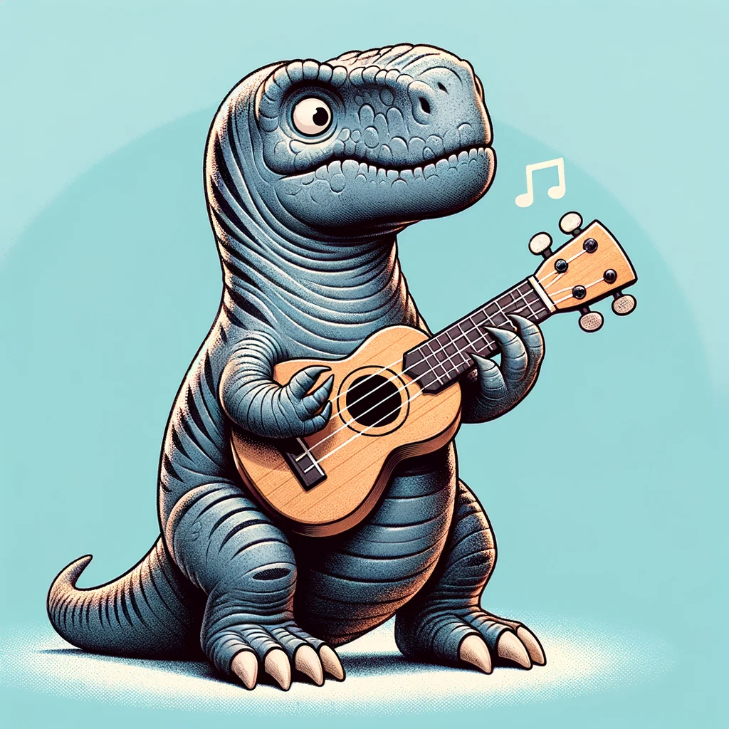 A quirky image of a dinosaur trying to play a small ukulele with its large claws, looking confused, with a caption that says, "When you're too big for your instrument."