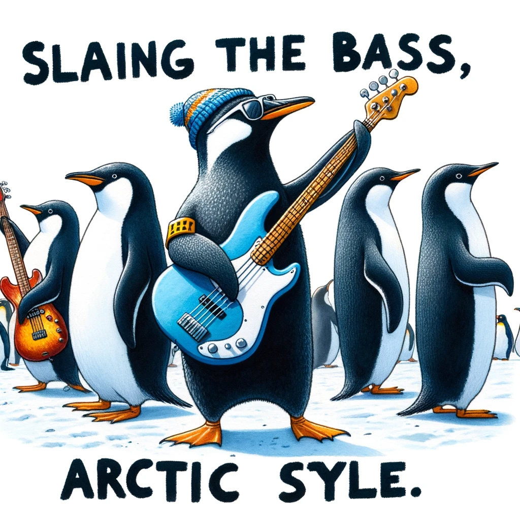 A playful image of a group of penguins forming a rock band, one playing a bass guitar with a flipper, with a caption that reads, "Slapping the bass, Arctic style."