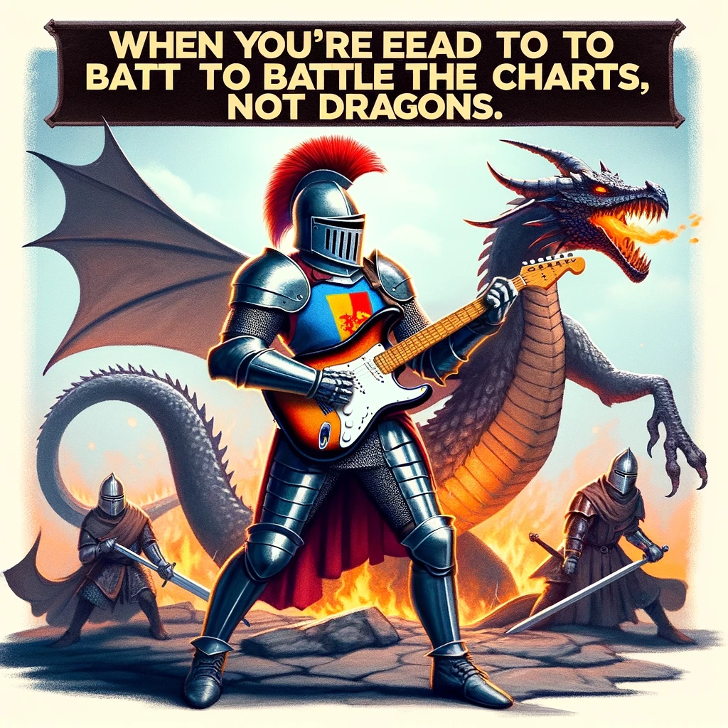 A funny image of a medieval knight holding an electric guitar instead of a sword, with a dragon in the background, captioned, "When you're ready to battle the charts, not dragons."