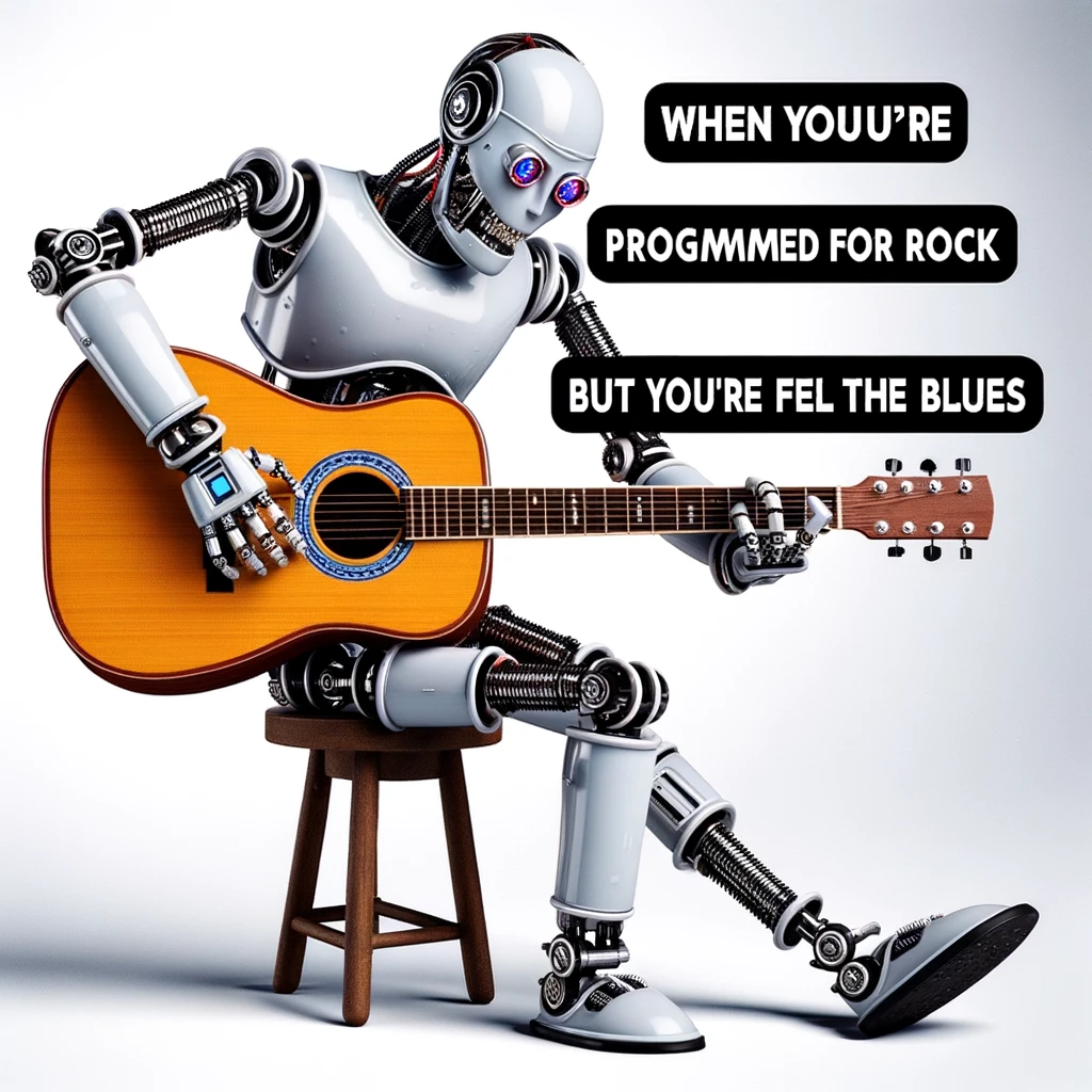 A comedic image of a robot trying to strum an acoustic guitar with its mechanical fingers, visibly confused, with a caption that reads, "When you're programmed for rock but you feel the blues."