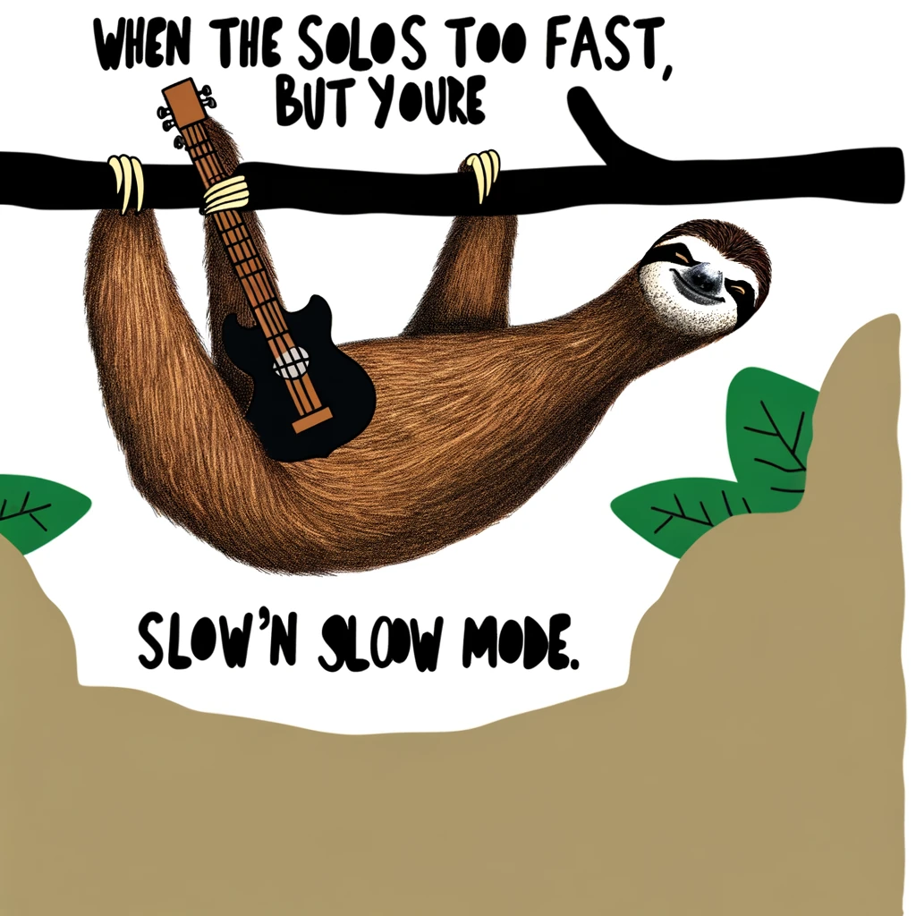 A whimsical image of a sloth hanging from a tree branch, lazily strumming a guitar, with a caption that says, "When the solo is too fast but you're in slow mode."