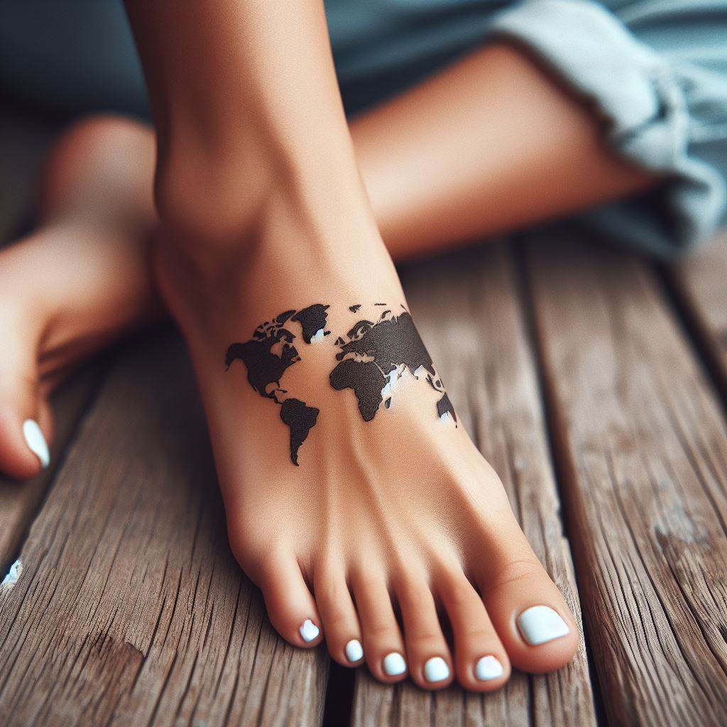 A minimalist world map outline tattooed on the top of a woman's foot, symbolizing wanderlust, adventure, and a love for travel and exploration.