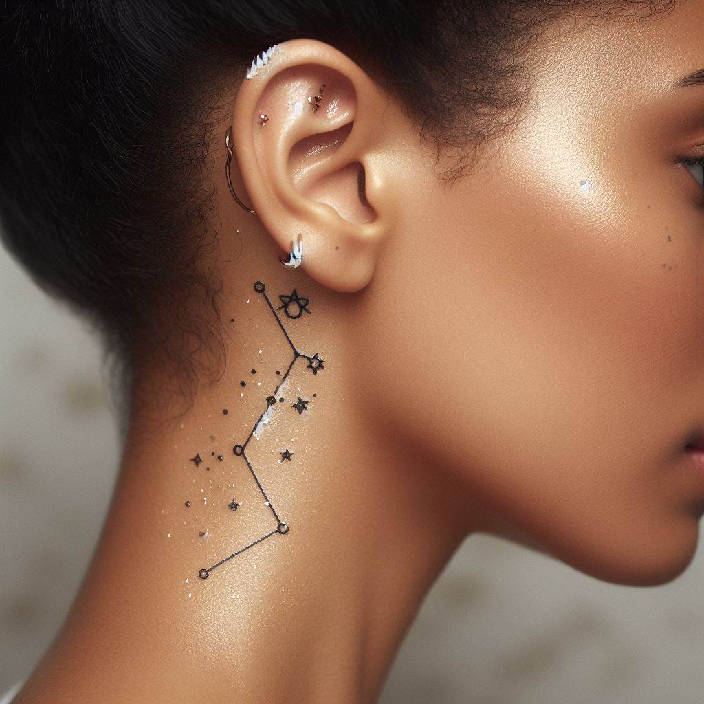 A subtle constellation tattoo, depicting a personal zodiac sign behind a woman's ear, symbolizing guidance, fate, and a connection to the cosmos.
