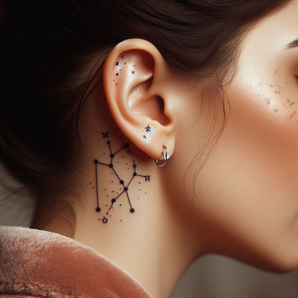 A subtle constellation tattoo, depicting a personal zodiac sign behind a woman's ear, symbolizing guidance, fate, and a connection to the cosmos.